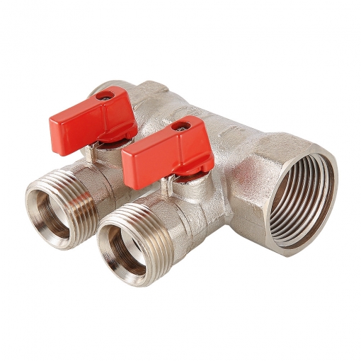 Коллектор Valtec латунный с отсечными кранами, 1''x3/4'' Евроконус, 2 выхода