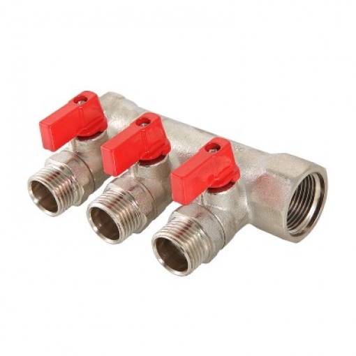 Коллектор Valtec латунный с отсечными кранами, 1''x1/2'', 2 выхода