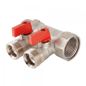 Коллектор Valtec латунный с отсечными кранами, 1''x3/4'' Евроконус, 2 выхода